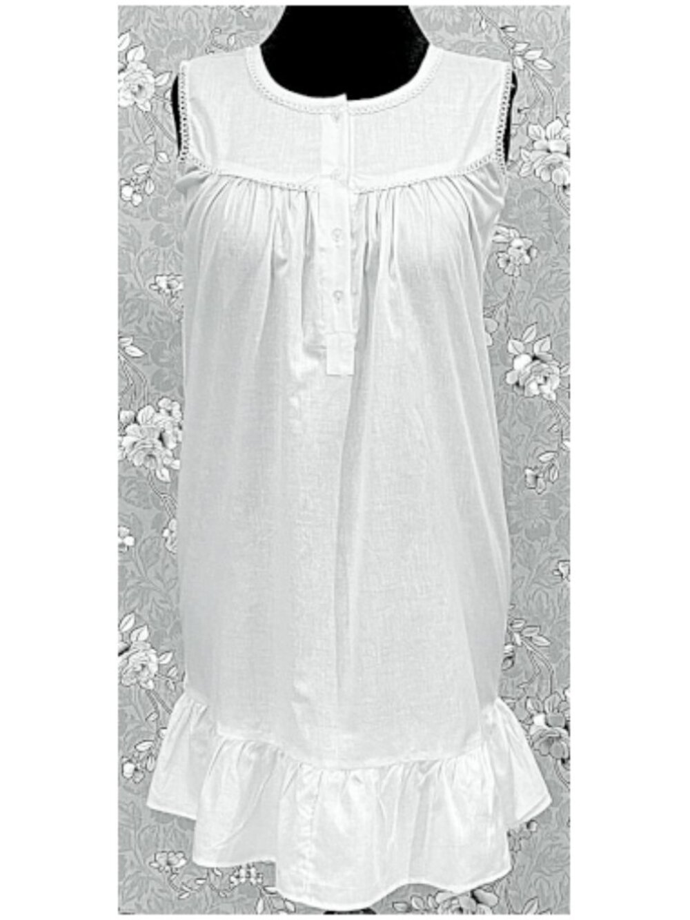 SoieRose 100% Cotton White Victorian Sleeveless Ruffle Hem Nightgown - SR-1149